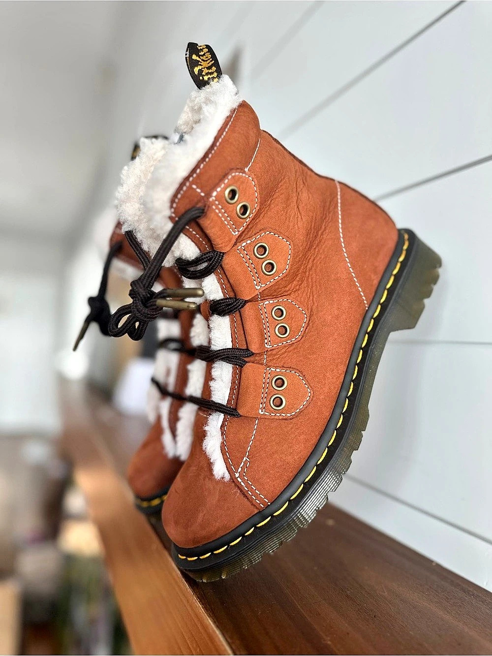 Dr. Martens 1460 Faux Fur Trim Ghillie Boot Brown & White US 9
